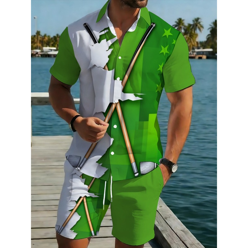 Golf Equipment Cheap - ชุดเสื้อและกางเกงผู้ชายน้ำหนักเบา สีเขียวขาว ผ้าโพลีเอสเตอร์ ลายดาวและสโมสรกอล์ฟ เหมาะสำหรับสวมใส่ในหลายโอกาส
